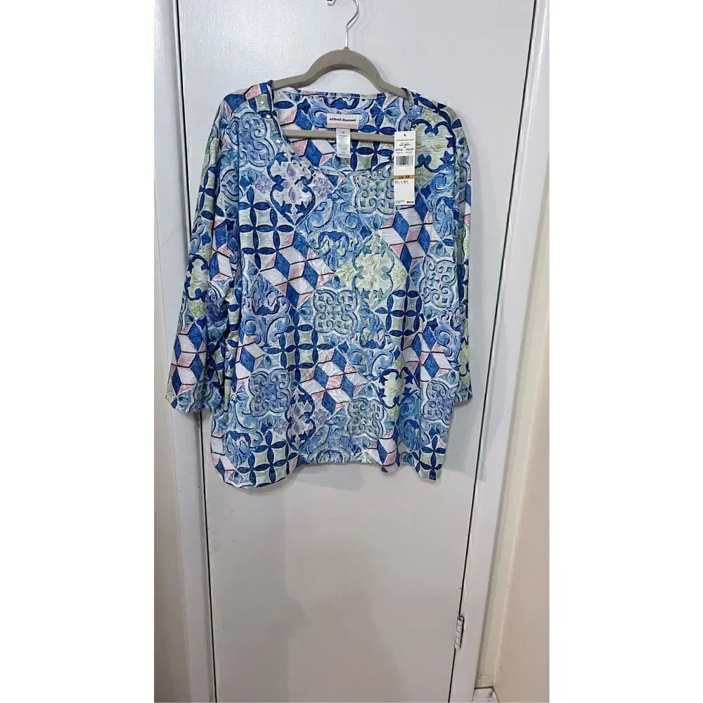 ALFRED DUNNER WOMENS BLUE GREEN CREW NECK BLOUSE SIZE 3XL P1-187